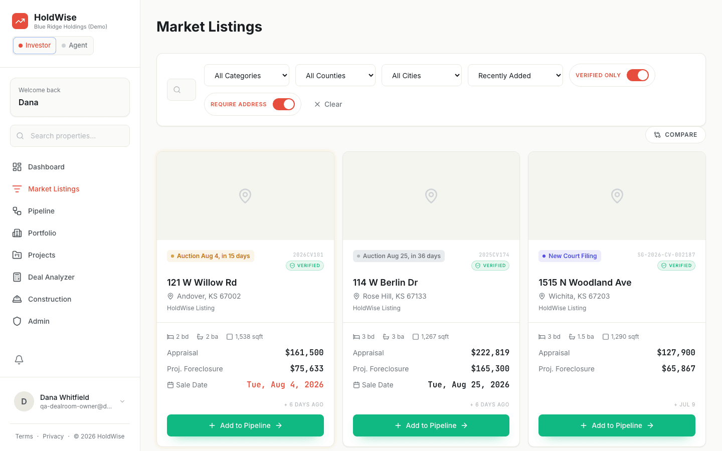 HoldWise property discovery dashboard